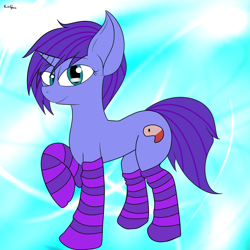 Size: 1500x1500 | Tagged: safe, artist:eclipsepenumbra, derpibooru import, oc, oc only, oc:seafood dinner, pony, unicorn, clothes, cutie mark, looking at you, socks, solo, striped socks