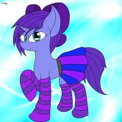 Size: 1500x1500 | Tagged: safe, artist:eclipsepenumbra, derpibooru import, oc, oc only, oc:seafood dinner, pony, unicorn, bow, clothes, hair bow, looking at you, skirt, socks, solo, striped socks