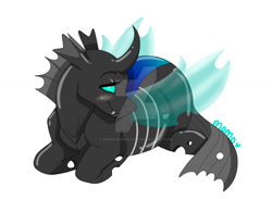 Size: 1024x750 | Tagged: safe, artist:momo-muddycakes, derpibooru import, mesosoma, thorax, changeling, pregnant, rule 63, watermark