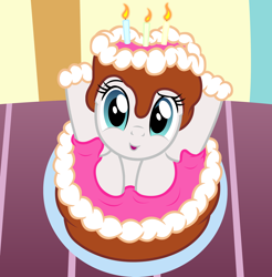 Size: 2540x2578 | Tagged: safe, artist:badumsquish, derpibooru exclusive, blossomforth, pony, adoraforth, birthday cake, birthday candles, birthday present, cake, candle, contortionist, cute, female, flexible, food, foodplay, frontbend, grin, happy, looking at you, messy, pop out cake, smiling, solo, table, that pony sure is flexible