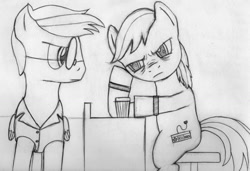 Size: 900x617 | Tagged: safe, artist:mysteryezekude, derpibooru import, oc, oc only, oc:coffee swirl, oc:neo stream, monochrome, pony pov series, traditional art