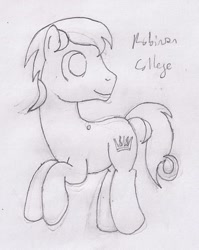 Size: 692x869 | Tagged: safe, artist:parclytaxel, derpibooru import, oc, oc only, oc:robinson college, pegasus, pony, canterbridge, lineart, male, monochrome, pencil drawing, ponified, pun, solo, stallion, traditional art, university of cambridge, visual pun, wingless, wip