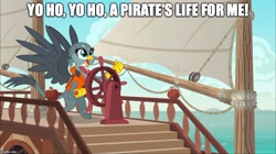 Size: 888x499 | Tagged: safe, derpibooru import, edit, edited screencap, screencap, gabby, griffon, the fault in our cutie marks, boat, gabby's shanty, image macro, meme, ocean, pirates of the caribbean, ship, solo, song reference