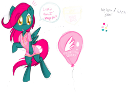 Size: 1178x844 | Tagged: safe, artist:retl, derpibooru import, oc, oc only, oc:air heart, butterfly, fallout equestria, balloon, color palette, solo, speech bubble, surprised, wings