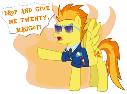 Size: 3481x2569 | Tagged: safe, artist:sketchmcreations, derpibooru import, spitfire, aviator glasses, clothes, fire, inkscape, pointing, simple background, spitfiery, sunglasses, talking, transparent background, uniform, vector