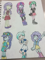 Size: 1024x1365 | Tagged: safe, artist:imtailsthefoxfan, derpibooru import, blueberry cake, blueberry pie, drama letter, mystery mint, starlight, tennis match, watermelody, equestria girls, background human, traditional art