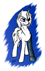 Size: 862x1354 | Tagged: safe, artist:speed-chaser, derpibooru import, oc, oc only, oc:lunar light, pony, unicorn, amputee, gift art, prosthetic limb, prosthetics, simple background, solo, transparent background