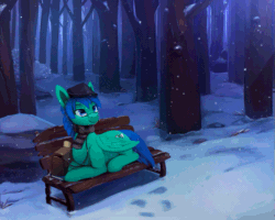 Size: 675x540 | Tagged: safe, artist:rodrigues404, derpibooru import, oc, oc only, oc:swiftnote, pegasus, pony, animated, bag, bench, clothes, forest, glasses, hat, prone, scarf, scenery, scenery porn, snow, snowfall, winter