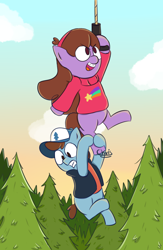 Size: 650x1000 | Tagged: safe, artist:chrisrainicorn, derpibooru import, dipper pines, grappling hook, gravity falls, mabel pines, newbie artist training grounds, ponified