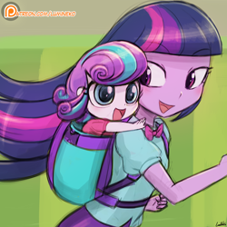 Size: 750x750 | Tagged: safe, artist:lumineko, princess flurry heart, twilight sparkle, a flurry of emotions, equestria girls, auntie twilight, baby, backpack, clothes, cute, equestria girls-ified, female, open mouth, patreon, patreon logo, that was fast, twilight is bae