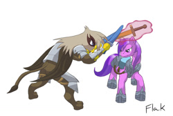 Size: 1156x779 | Tagged: safe, artist:flak--k, derpibooru import, amethyst star, sparkler, oc, griffon, pony, unicorn, armor, duo, female, hoof shoes, magic, magic aura, mare, simple background, sword, telekinesis, weapon, white background