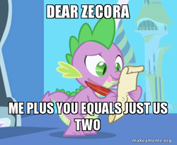 Size: 554x454 | Tagged: safe, derpibooru import, edit, edited screencap, screencap, spike, zecora, dragon, friendship is magic, caption, image macro, letter, male, meme, quill, spike's love letters, tongue out