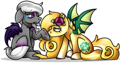 Size: 729x382 | Tagged: safe, artist:50wordsformurder, derpibooru import, oc, oc only, oc:amethyst sky, oc:sunflower meadows, bat pony, pony, cute, injured, kissing, sitting