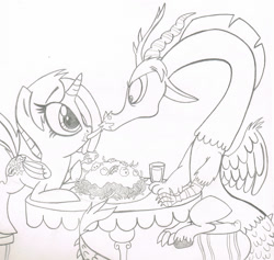 Size: 900x853 | Tagged: safe, artist:sixteen6stars, derpibooru import, discord, oc, black and white, canon x oc, female, food, glass, grayscale, lineart, male, monochrome, pasta, shipping, spaghetti, spaghetti scene, straight, table