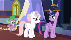 Size: 1920x1080 | Tagged: safe, screencap, nurse redheart, spike, twilight sparkle, twilight sparkle (alicorn), alicorn, dragon, pony, a flurry of emotions, twilight's castle