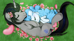 Size: 960x540 | Tagged: safe, artist:va1ly, derpibooru import, oc, oc only, oc:curly mane, oc:earl grey, cuddling, early, female, flower, flower in hair, male, oc x oc, shipping, sleeping, snuggling, straight