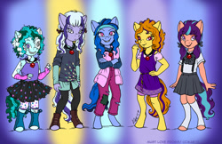 Size: 1400x909 | Tagged: safe, artist:kaemantis, oc, oc only, oc:allegrezza allure, oc:duet cascade, oc:madrigal glory, oc:messa di voce grace, oc:toccata daze, anthro, unguligrade anthro, clothes, cute, female, filly, half-siblings, half-sisters, offspring, parent:adagio dazzle, parent:unnamed oc, parents:canon x oc, sharp teeth, siblings, sisters, teeth