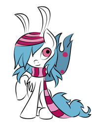 Size: 374x500 | Tagged: safe, artist:lelazybeamy, derpibooru import, oc, oc only, oc:luki caelum, mothpony, original species, antennae, beanie, chest fluff, clothes, colored, cute, hat, male, pigtails, raised hoof, scarf, sitting, smirk, solo, stallion, stripes, wings