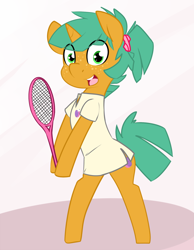 Size: 1280x1646 | Tagged: safe, artist:kryptchild, derpibooru import, snails, pony, alternate hairstyle, bipedal, clothes, crossdressing, cute, dress, femboy, glitter shell, male, solo, sports dress, tennis, tennis racket