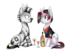 Size: 2733x1974 | Tagged: safe, artist:scarlet-spectrum, derpibooru import, oc, oc only, oc:ace high, oc:haefen, pony, unicorn, zebra, alcohol, bottle, clothes, commission, duo, glass, simple background, sitting, transparent background, wavy mouth, whiskey