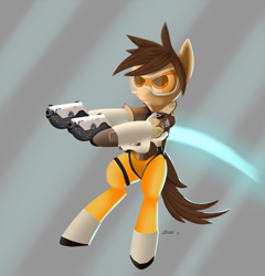 Size: 1600x1664 | Tagged: safe, artist:titan2955, derpibooru import, crossover, goggles, gun, overwatch, solo, tracer, weapon