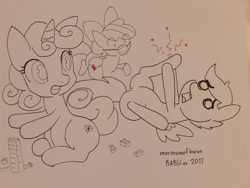 Size: 900x675 | Tagged: safe, artist:moronsonofboron, apple bloom, scootaloo, sweetie belle, earth pony, pegasus, pony, unicorn, cutie mark crusaders, injured, lego, nurse, traditional art