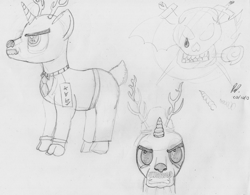 Size: 2987x2325 | Tagged: safe, artist:baratus93, derpibooru import, oc, oc only, oc:general-admiral solomon azure raven makarov, oc:nameless, oc:the shadow of chernobull, cervicorn, monochrome, pony pov series, traditional art