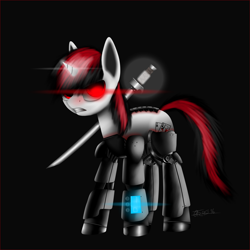 Size: 1600x1600 | Tagged: safe, artist:titan2955, derpibooru import, oc, oc only, oc:blackjack, cyborg, pony, unicorn, fallout equestria, fallout equestria: project horizons, black background, cutie mark, fanfic, fanfic art, female, glowing eyes, hooves, horn, level 2 (project horizons), mare, simple background, solo, sword, teeth, weapon