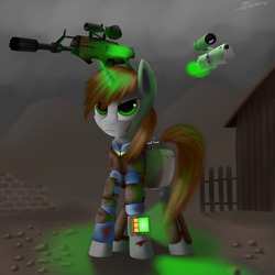 Size: 1600x1600 | Tagged: safe, artist:titan2955, derpibooru import, oc, oc only, oc:littlepip, pony, unicorn, fallout equestria, clothes, fanfic, fanfic art, female, glowing horn, gun, handgun, horn, little macintosh, magic, mare, pipbuck, revolver, rifle, solo, telekinesis, vault suit, wasteland, weapon