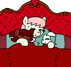 Size: 640x600 | Tagged: safe, artist:ficficponyfic, color edit, derpibooru import, edit, oc, oc only, oc:emerald jewel, oc:hope blossoms, oc:ruby rouge, earth pony, pony, adult, bed, bedroom, blanket, child, color, colored, colt, colt quest, cuddling, cute, eyes closed, female, filly, foal, hair over one eye, heart, male, mare, nuzzling, pillow, smiling, snuggling