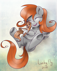 Size: 2000x2500 | Tagged: safe, artist:redheadfly, derpibooru import, oc, oc only, oc:lucky fly, pegasus, pony, squirrel, hug, solo, underhoof