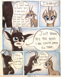 Size: 1068x1352 | Tagged: safe, artist:thefriendlyelephant, derpibooru import, oc, oc only, oc:sabe, oc:uganda, antelope, giant sable antelope, comic:sable story, animal in mlp form, cloven hooves, comic, horns, pointing, speech bubble, traditional art