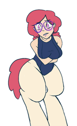 Size: 623x1014 | Tagged: safe, artist:/d/non, derpibooru import, oc, oc only, oc:candy, satyr, blushing, clothes, glasses, one-piece swimsuit, parent:twist, solo, swimsuit