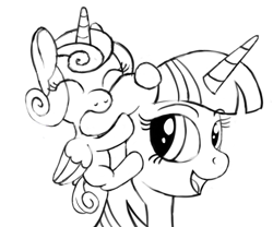 Size: 1200x1000 | Tagged: safe, artist:negasun, princess flurry heart, twilight sparkle, twilight sparkle (alicorn), alicorn, pony, a flurry of emotions, aunt and niece, biting, black and white, ear bite, grayscale, monochrome, sketch