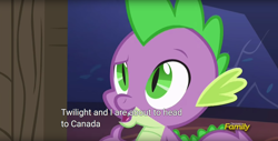 Size: 1920x975 | Tagged: safe, derpibooru import, screencap, spike, dragon, every little thing she does, canada, discovery family logo, meme, solo, youtube caption