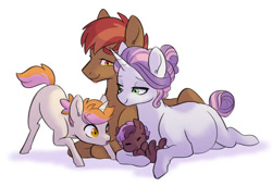 Size: 800x548 | Tagged: safe, artist:kianamai, derpibooru import, button mash, sweetie belle, oc, oc:pixel bit, oc:tacet, pony, baby, baby pony, family, female, kilalaverse, kilalaverse ii, male, next generation, offspring, older, parent:button mash, parent:sweetie belle, parents:sweetiemash, shipping, simple background, straight, sweetiemash