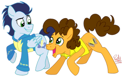 Size: 1028x647 | Tagged: safe, artist:hufflepuffrave, derpibooru import, cheese sandwich, soarin', pony, clothes, cute, hoodie