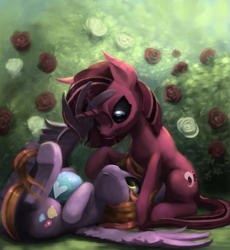 Size: 1043x1134 | Tagged: safe, artist:bakuel, derpibooru import, oc, oc only, oc:aramuri, oc:spray dough, bush, commission, duo, flower, park, rose