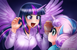 Size: 1073x700 | Tagged: safe, artist:racoonsan, princess flurry heart, twilight sparkle, twilight sparkle (alicorn), alicorn, human, a flurry of emotions, auntie twilight, best aunt ever, clothes, cute, duo, fangs, female, horned humanization, humanized, looking at each other, open mouth, pretending to be a bear, scene interpretation, winged humanization, wings