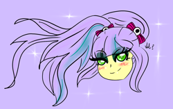 Size: 1188x744 | Tagged: safe, artist:sonatablaze, derpibooru import, pixel pizazz, equestria girls, bust, female, hair bow, looking at you, purple background, signature, simple background, smiling, solo