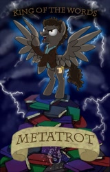 Size: 819x1280 | Tagged: safe, artist:ifoxspirit, derpibooru import, pegasus, pony, bipedal, book, clothes, lightning, metatron, night, ponified, pun, solo, supernatural, title