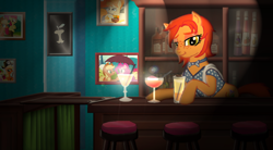 Size: 1024x567 | Tagged: safe, artist:fermin-tenava, derpibooru import, oc, oc only, oc:orange sunstar, earth pony, bar, drinking glass, earth pony oc, food, nightclub