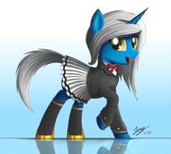 Size: 2000x1800 | Tagged: safe, artist:duskie-06, derpibooru import, oc, oc only, oc:bright drive, pony, unicorn, clothes, cute, pleated skirt, reflection, skirt, solo, suit