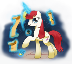 Size: 1360x1200 | Tagged: safe, artist:hoyeechun, derpibooru import, oc, oc only, oc:fausticorn, alicorn, pony, alicorn oc, ink, lauren faust, magic, quill, scroll, solo