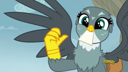 Size: 1595x901 | Tagged: safe, derpibooru import, screencap, gabby, griffon, the fault in our cutie marks, bag, cute, delivery griffon, discovery family logo, excited, female, gabbybetes, mail, solo