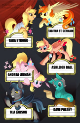 Size: 1024x1583 | Tagged: safe, artist:ghostlymuse, derpibooru import, oc, oc only, oc:dave polsky, oc:sharpie fume, oc:taralicious, alicorn, bat pony, pegasus, pony, unicorn, alicorn oc, andrea libman, ashleigh ball, bat pony oc, dave polsky, female, m.a. larson, male, mare, ponysona, stallion, tabitha st. germain, tara strong