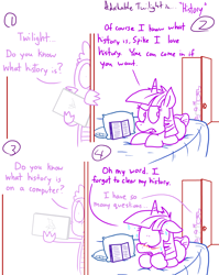 Size: 1280x1611 | Tagged: safe, artist:adorkabletwilightandfriends, derpibooru import, spike, twilight sparkle, dragon, pony, comic:adorkable twilight and friends, adorkable twilight, bed, bedroom, blushing, book, comic, computer, dialogue, embarrassed, floppy ears, frown, history, internet, laptop computer, lineart, open mouth, pillow, prone, raised eyebrow, simple background, slice of life, sweat, wavy mouth, wide eyes