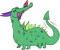 Size: 758x641 | Tagged: safe, artist:quoting_mungo, derpibooru import, crackle, dragon, gauntlet of fire, bloodstone scepter, dragon lord crackle, eyes closed, forked tongue, mouth hold, simple background, smiling, solo, tail wag, tongue out, transparent background