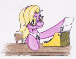 Size: 1349x1056 | Tagged: safe, artist:scribblepwn3, derpibooru import, grace manewitz, earth pony, pony, rarity takes manehattan, colored pencil drawing, glasses, pen drawing, solo, traditional art, typewriter