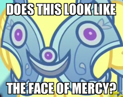 Size: 360x285 | Tagged: safe, derpibooru import, edit, edited screencap, screencap, the times they are a changeling, armor, crystal guard, crystal guard armor, face of mercy, image macro, meme, pareidolia, solo